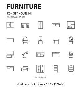 Set of Furniture Outline Icon Set. Furniture Icons. Vector Icon. 64x64 Pixel Perfect