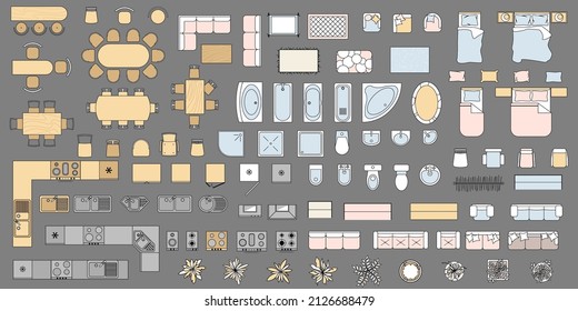 Set of Furniture outline top view. Colored Objects and elements for interior design of apartment, living room, bedroom, kitchen, bathroom. Kit of isolated linear icons. Vector Illustration. Floor plan