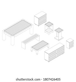 Set with furniture outlines. Table, chairs, bedside tables and benches. Isometric view. Vector illustration