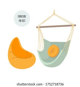 A set of furniture for relaxing, a hammock, a pear chair. Flat style. Vector stock illustration. Isolated on white background.