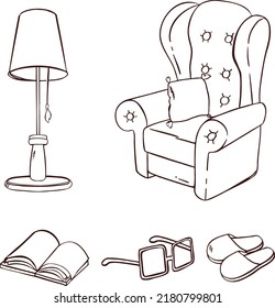 Set of furniture for rest and sleep outline. Sofa, armchair, bed. illustration vector