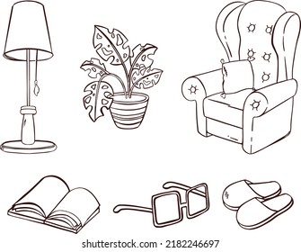 Set of furniture for rest and sleep outline. Sofa, armchair, bed. illustration vector