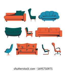 A set of furniture for the room, sofas, chairs, couches. Home furnishings in a flat style.