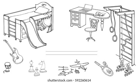  Set of furniture for the room teenager boy  active, sporty, energetic, musical, vector sketch black lines on a white background