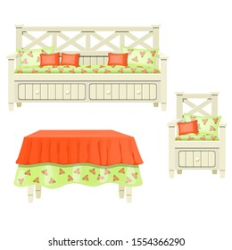 A set of furniture in a rustic style isolated on a white background. Vector cartoon close-up illustration