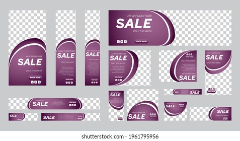 Set of Furniture Sale banners of standard size with a place for photos. Vertical, horizontal and square template. vector illustration
