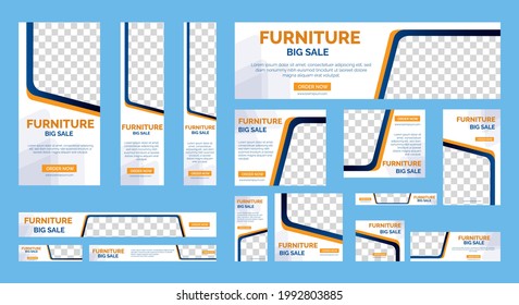 Set of Furniture Sale banners with standard web sizes. Business banners template with place for images. Vertical, Horizontal and Rectangle Banners design for ad, flyer, poster, social media.