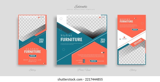 set of furniture sale social media post and story web banner design template for ads promotion vector.