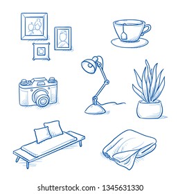 Set of furniture shop and decoration objects as desk lamp, camera, photo frames, bench, blanket, plant and tea cup. Concept for modern interior. Hand drawn line art cartoon vector illustration.