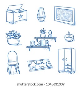 Set of furniture shop and decoration objects as chair, wardrobe, painting, floor mat, book shelf, succulent and toy box. Concept for modern interior. Hand drawn line art cartoon vector illustration.