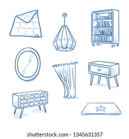 Set of furniture shop and decoration objects as lamp, drawer, cabinet, mirror, duvet, drapery and book shelf. Concept for modern interior. Hand drawn line art cartoon vector illustration.