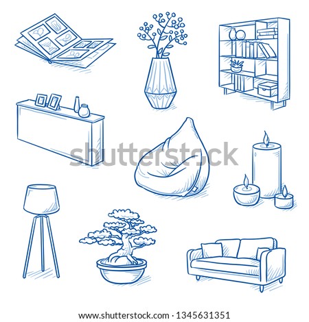 Set of furniture shop and decoration objects as lamp, sideboard, sofa, bean bag, bonsai, photo album and book shelf. Concept for modern interior. Hand drawn line art cartoon vector illustration.