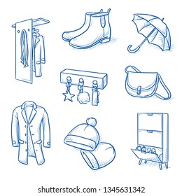 Set of furniture shop and fashion objects as coat rack, shoe cabinet, umbrella, coat, hat, boot, key hooks and handbag. Concept for modern interior. Hand drawn line art cartoon vector illustration.