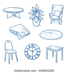 Set of furniture shop objects as chair, table, clock, blanket, plant. Concept for modern interior. Hand drawn line art cartoon vector illustration.