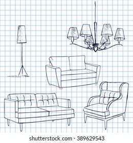 Set of furniture a sketch in a notebook. Hand drawn.Illustration vector