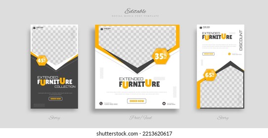 set of Furniture social media post and story web banner template design with yellow, black and white background