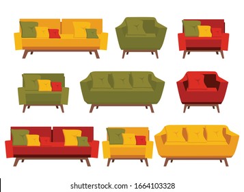 mobiliario, sofás y sillones (verde, rojo, amarillo), ilustración vectorial del sofá y el sillón, de estilo plano