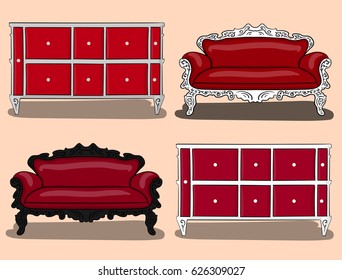 A set of furniture (sofas with chests of drawers) in shades of gray, white and red on a light gray background eps 10 illustration