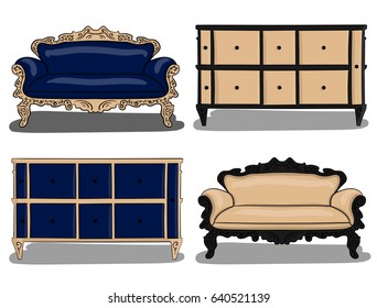 A set of furniture (sofas with chests of drawers) in shades of gray, white and dark blue colors on a white background eps 10 illustration