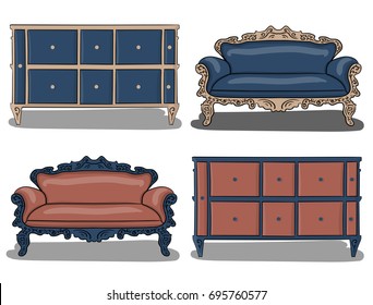 A set of furniture (sofas with chests of drawers) in shades of beige, blue and pink on a white background eps 10 illustration