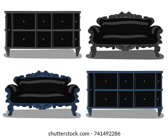 A set of furniture, sofas with chests of drawers in shades of black, blue and gray on a white background eps 10 illustration