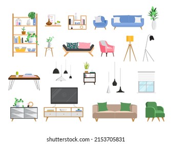 Set of furniture, sofas, lamps, shelves for interior design. Flat vector illustration, isolated objects on white background