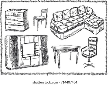 A set of furniture in the style of a pencil hand drawing, sketch. Sofa. wardrobe, dresser, chair, Desk, office chair. Sloppy black-and-white drawing. vector illustration