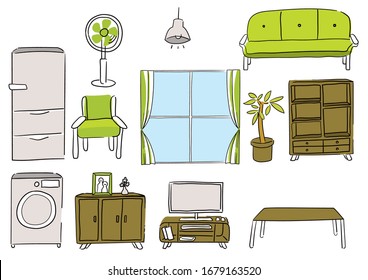 Set of furniture such as sofa, TV, refrigerator and houseplant
