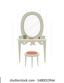 A set of furniture with a table for the female toilet and an oval mirror. The interior of the living room creates a home comfort. Vector illustration in trendy flat style on a white background.