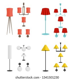 A set of furniture for thebedroom. Decorative elements for the living room, lamps, floor lamp, table lamp, sconce. In different styles. Vector flat illustration.