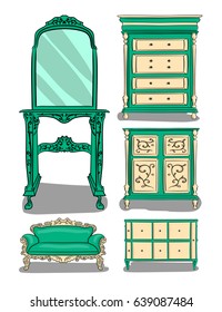 A set of furniture. Three different tables of turquoise with beige carved details, a sofa  and a table with a mirror on a white background eps 10 illustration
