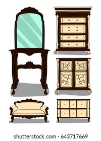 A set of furniture. Three different tables of brown with beige carved details, a sofa  and a table with a mirror on a white background eps 10 illustration