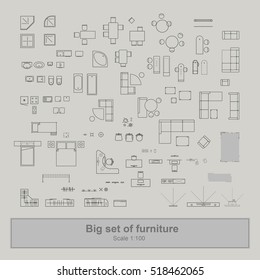 Set Of Furniture Top View For Apartments Plan. The Layout Of The Apartment Design, Technical Drawing. Interior Icon For Bathrooms, Living Room, Kitchen, Bedroom, Hallway . Vector Illustration.