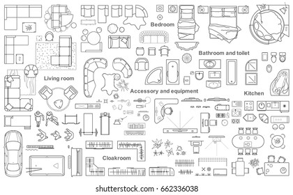 Set Of Furniture Top View For Apartments Plan. The Layout Of The Apartment Design, Technical Drawing. Interior Icon For Bathrooms, Living Room, Kitchen, Bedroom, Hallway . Vector Illustration.