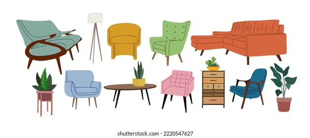 Set of furniture vector flat illustrations. Collection of mid century modern interior elements isolated on white background. Stylish chest of drawers, couch, sofa, houseplants, armchairs, lamp, table.