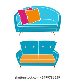 Set of  furniture,  Vector illustration of sofa, Blue and orange sofa with red pillows