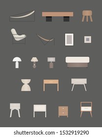 Set of furniture vector. Interior design elements. Interior elements and furniture icons. Isolated vector objects. Scene creator vector set. Flat style vector illustration. 