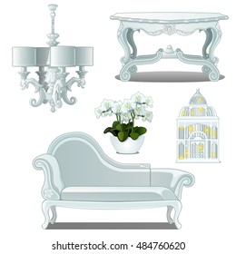 A set of furniture white color for vintage interior isolated on white background. Vector illustration.