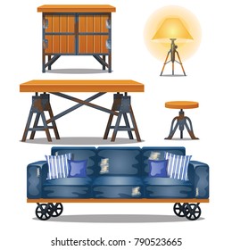 Set of furniture in the workshop in the style of industrial isolated on white background. Mobile couch on wheels. Vector cartoon close-up illustration.