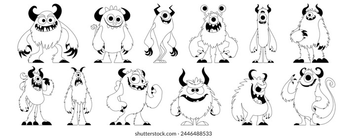 A set of furry monsters with cute, quirky, funny and evil emotions, funny and unique shapes. A furry monster with horns is posing. Strange creature. Black lines style.