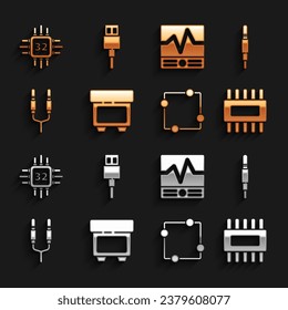 Set Fuse, Audio jack, Processor with microcircuits CPU, Electric scheme, Electrical measuring instruments,  and USB cable cord icon. Vector