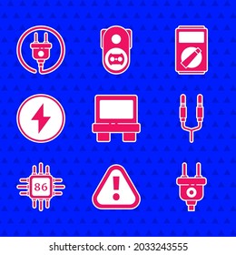 Set Fuse, Exclamation mark in triangle, Electric plug, Audio jack, Processor with microcircuits CPU, Lightning bolt, Multimeter and  icon. Vector