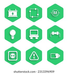 Set Fuse, Exclamation mark in triangle, Battery charge level indicator, Resistor electricity, Electrical outlet, Light bulb with concept of idea, circuit scheme and Car battery icon. Vector