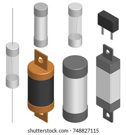 Set of fuses of different shapes isolated on white background. Elements design of electronic components. 3D isometric style, vector illustration. svg