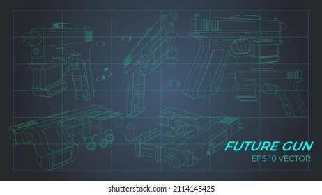 Set Of Future Gun In Different Angle. 3d Colorful Vector Illustration. Cyberpunk Weapon In Neon Lights. Retrofuturistic Trendy Outline Graphic With Grunge And Defect Effects. 