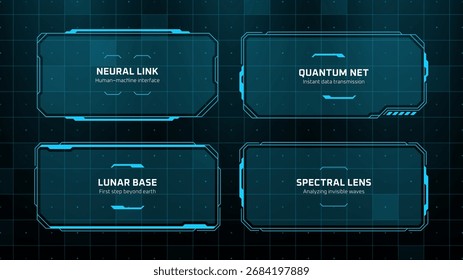 Set of future hud vector graphics interface frames. Elements for gui design with neural link, quantum net, lunar base, spectral lens titles.