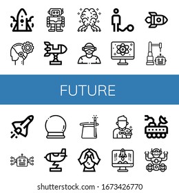 Set of future icons. Such as Rocket, AI, Robotics, Virtual reality, Ball, Quantum, Robot, Space shuttle, Crystal ball, Magician, Moon rover , future icons