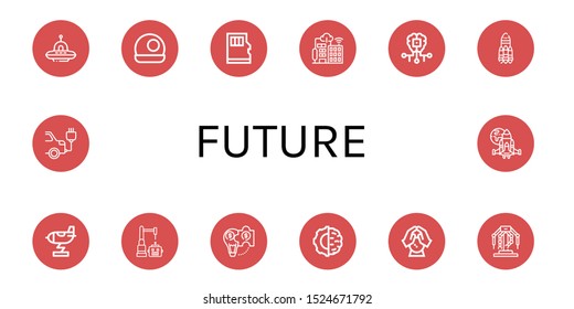 Set of future icons. Such as Ufo, Crystal ball, Micro sd, Smart city, Artificial intelligence, Rocket, Robot, Hybrid solution, Robotics, Electric car, Spaceship , future icons