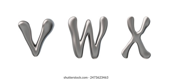Set of futuristic 3D Y2K letters. Metal English letters V, W, X, with chrome effect and liquid holographic distortion. Created for a modern design and presented on an isolated background.