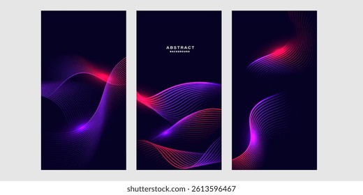 Set of futuristic abstract background with glowing wave lines. Vertical background banner. 